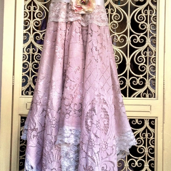 Ivory & dusty rose appliqué lace boho handkerchief hem prom dress by mermaid miss k