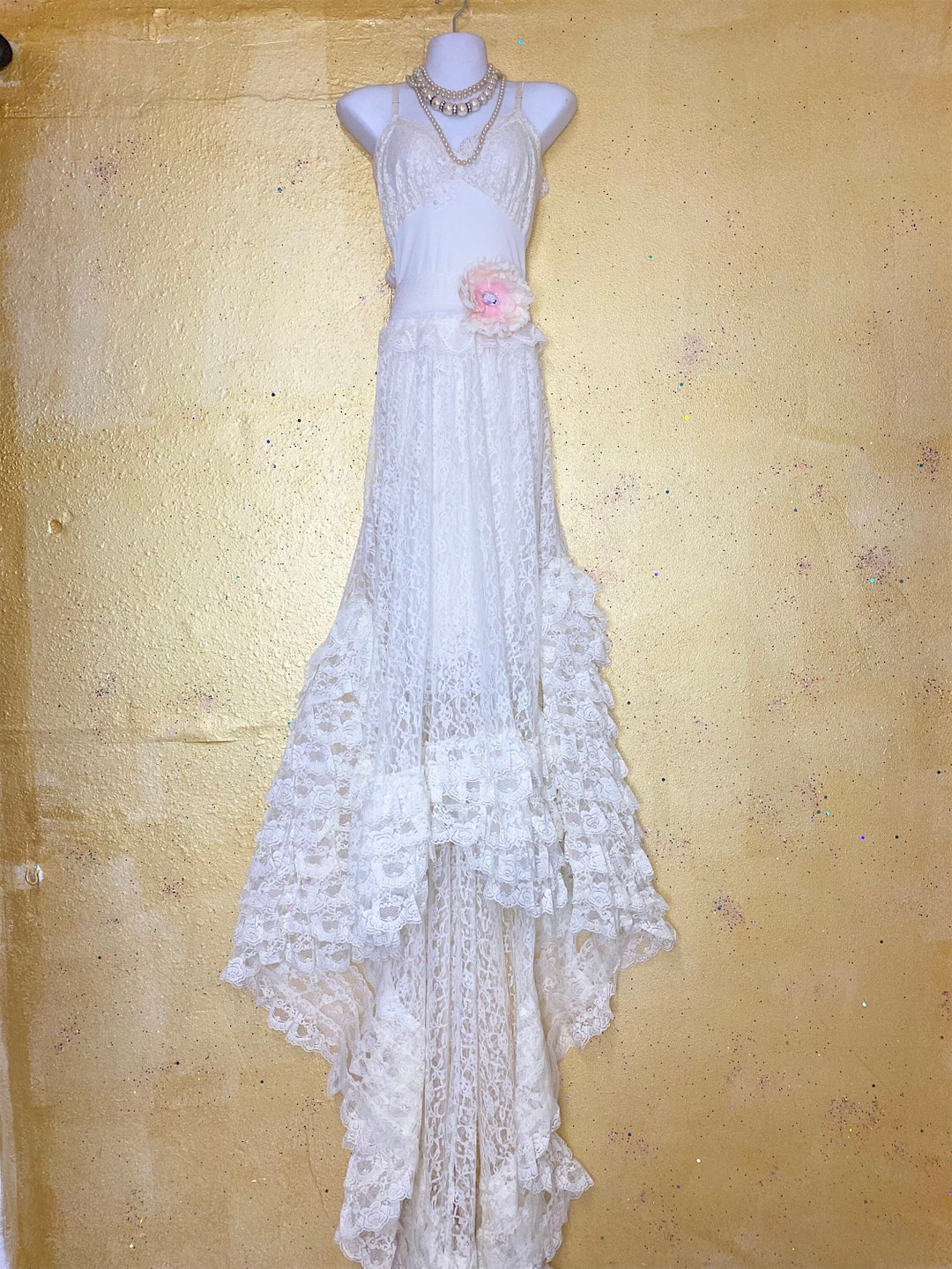 Ivory Lace Asymmetrical Detachable Train Boho Wedding Dress main image 1