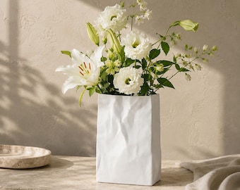 Jarrón de bolsa de papel, jarrón escultural blanco, decoración minimalista moderna