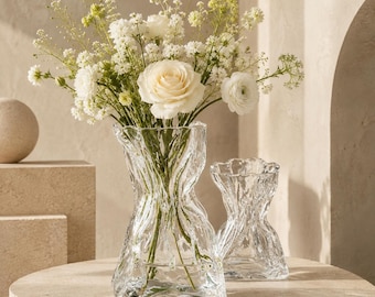 Vase transparent torsadé, décoration moderne sculpturale ondulée, petit ou grand