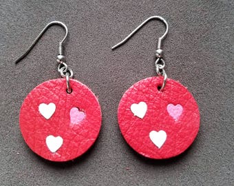 Lovely Heart 1" Round Earrings, Love earrings, Leather heart earrings, gifts for her