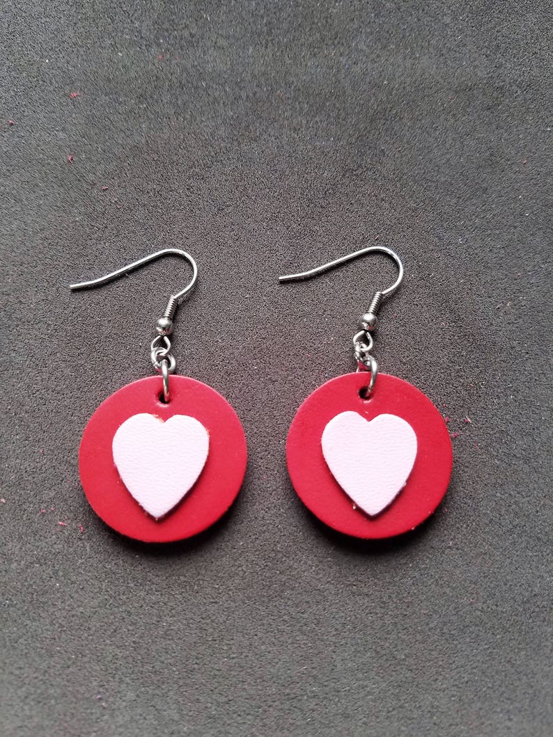 Lovely Heart 1 Round Earrings, Love earrings, Leather heart earrings, gifts for her image 3