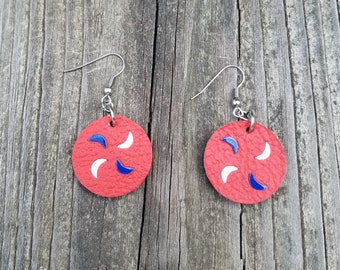 Patriotic, Red white and blue geometric round earrings, leather circle earrings, leather jewelry