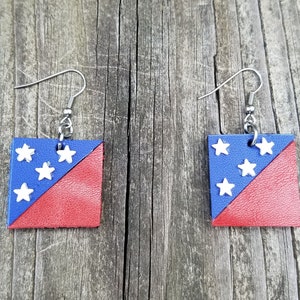 Patriotic, Red white and blue geometric square earrings, leather circle earrings, leather jewelry image 1