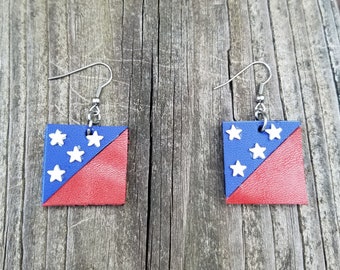 Patriotic, Red white and blue geometric square earrings, leather circle earrings, leather jewelry