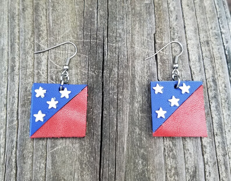 Patriotic, Red white and blue geometric square earrings, leather circle earrings, leather jewelry image 1