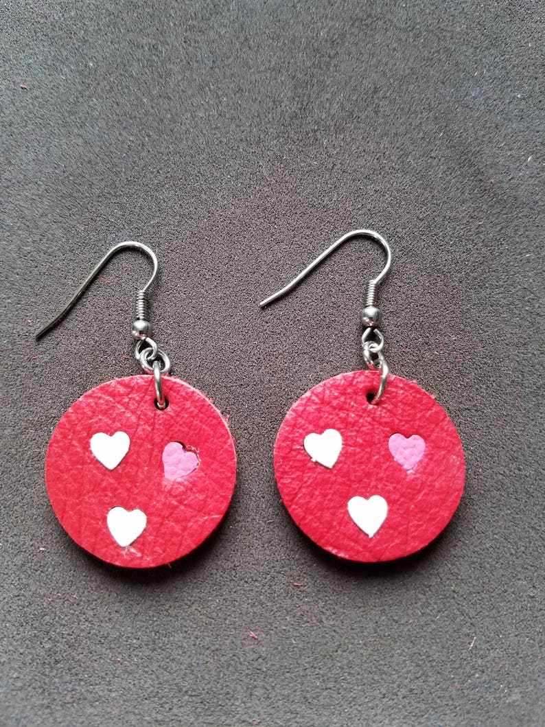 Lovely Heart 1 Round Earrings, Love earrings, Leather heart earrings, gifts for her image 1