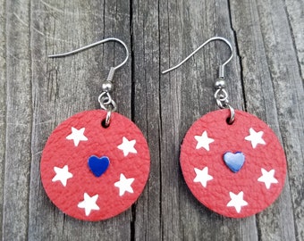 Patriotic, Red white and blue geometric round earrings, leather circle earrings, leather jewelry