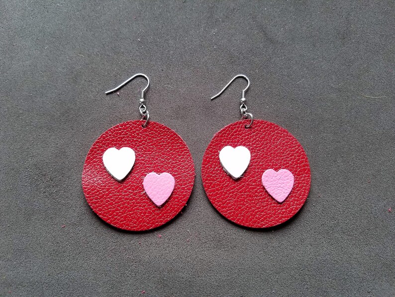 Valentine's Day Heart 2 Earrings, Love Earrings, Leather Heart Earrings
