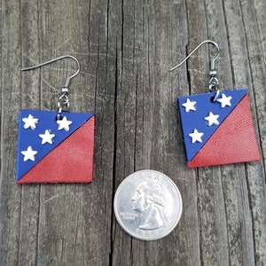 Patriotic, Red white and blue geometric square earrings, leather circle earrings, leather jewelry image 2