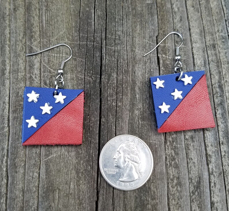Patriotic, Red white and blue geometric square earrings, leather circle earrings, leather jewelry image 2