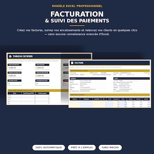 Peut inclure: Un modèle Excel professionnel pour la facturation et le suivi des paiements. L'interface affiche un tableau de bord avec des résumés financiers et un formulaire de facture détaillé avec des champs pour les informations vendeur, client et produit.