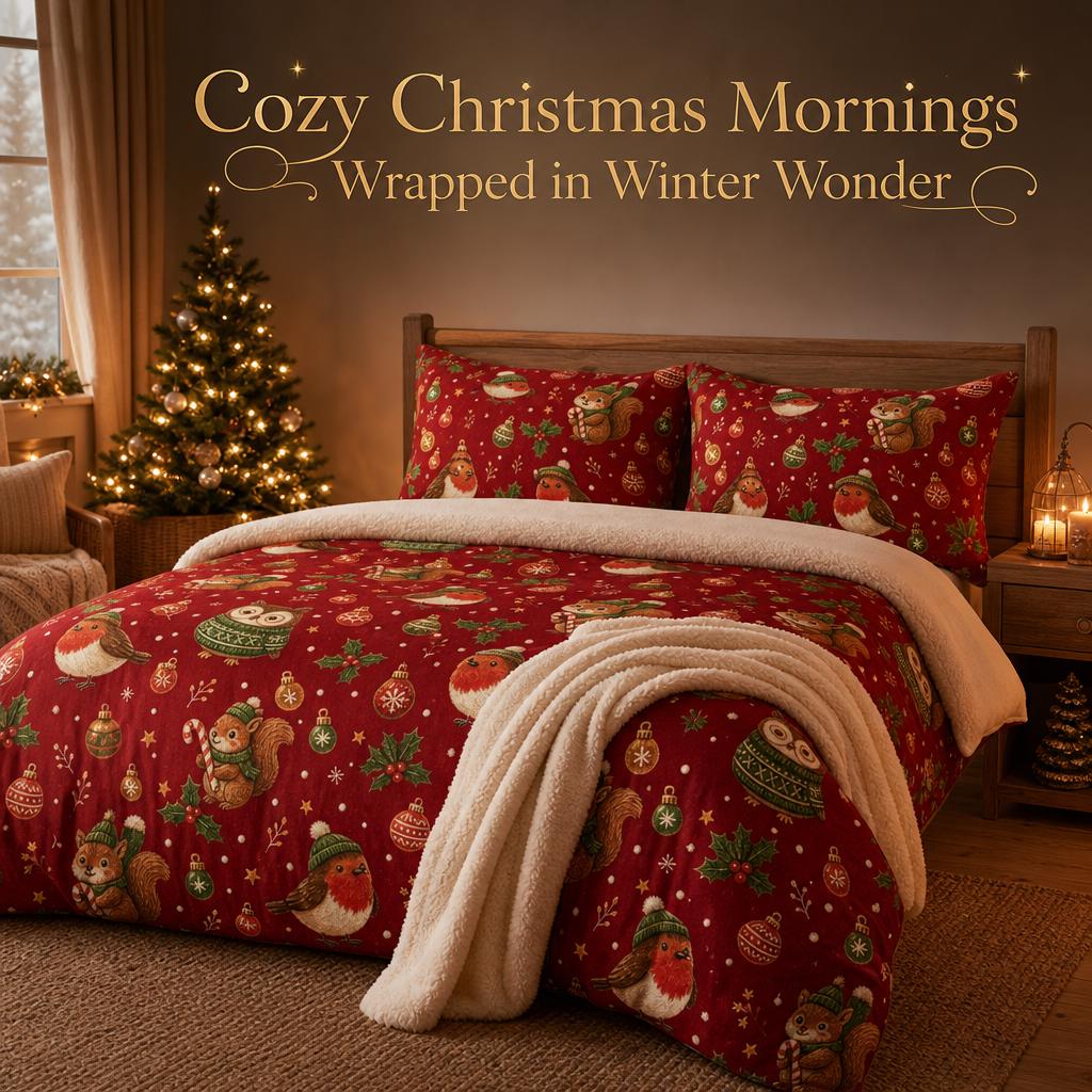Christmas Duvet Cover Set, Robin Owl Squirrel Bedding, Cozy Woodland Christmas Comforter Cover,Cute
