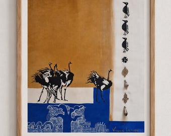 Straußenreflexionen | Originale südafrikanische Siebdruckkunst von Vivienne Lawrence | Afrikanische Wildtierkunst