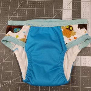 May include: A blue cloth diaper with a white interior. The diaper features a blue exterior and a patterned design with an owl, mountains, and trees. The edges are trimmed with a light blue fabric.