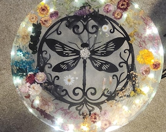 Handmade resin dragonfly light up table