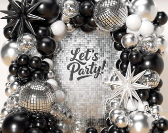 96-teiliges Ballongirlanden-Set in Schwarz, Silber und Weiß mit Stern- und Disco-Folienballons für Geburtstags- und Abschlussfeierdekorationen