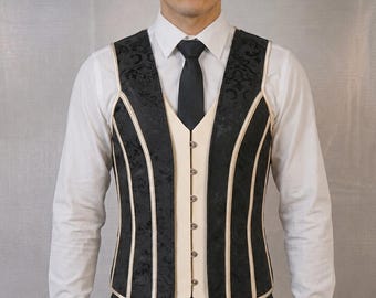 Men's Black & Ivory/Cream Corset Vest Victorian Brocade Gothic Wedding Waistcoat