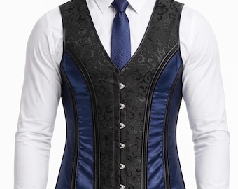 Blaue Herren-Korsettweste, Gothic-Taillenformer, viktorianische Weste, formelle Hochzeitsweste für Herren