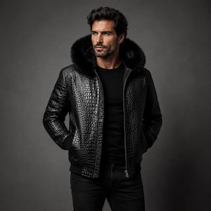 Puede incluir: Una chaqueta negra con un patrón texturizado de relieve de cocodrilo, cierre de cremallera frontal y una capucha con ribete de piel negra gruesa. La prenda incluye puños y dobladillo acanalados, usada sobre una camiseta negra y jeans oscuros.