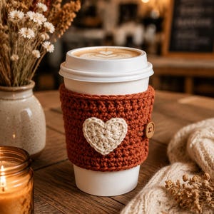 Pode incluir: Um copo de café descartável branco com uma manga de crochê na cor ferrugem. A manga é decorada com uma aplicação de coração de crochê na cor creme centralizada na frente e um pequeno botão de madeira marrom na lateral para fechar.