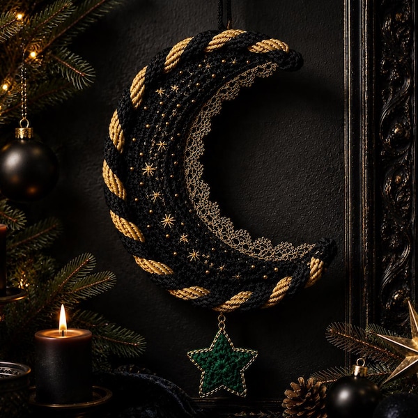 Gotische Halbmond-Häkelanleitung (PDF), Himmlischer Wandbehang, Spiralmond-Ornament, Dark-Academia-Dekoration, Weihnachtshäkeln