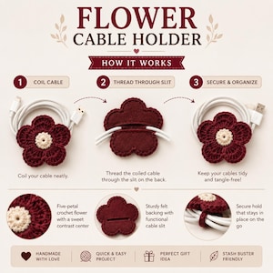 May include: A flower cable holder featuring a five-petal crochet design in dark red with a cream center. The instructional graphic shows how to coil a white cable, thread it through a slit on the felt backing, and secure it for organization.