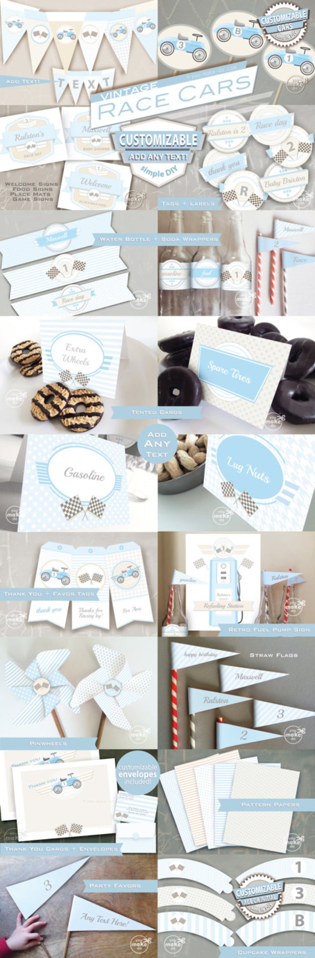 Light Blue Race Car Party Vintage Boy Baby Shower Decorations Retro