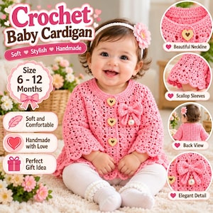 Patrón de cárdigan de bebé a crochet en PDF, patrón de suéter a crochet de 6 a 12 meses, chaqueta infantil texturizada con borde festoneado, regalo DIY para niña