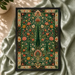 Persian Garden Wall Art, Emerald Cypress Floral Print, Middle Eastern Decor