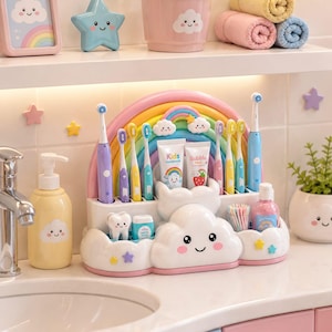 May include: A multi-compartment bathroom organiser featuring a rainbow arch and cloud-shaped base with a smiling face. It holds several toothbrushes, two tubes of toothpaste labelled Kids and Bubble, dental floss, and a small bottle of mouthwash.