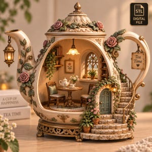 May include: A decorative teapot-shaped diorama featuring a miniature interior room with a table, chairs, and a staircase. The exterior is adorned with sculpted roses, vines, and a hanging lantern. A sign on the handle reads Tea Time with a heart.