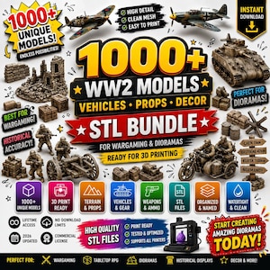 May include: A digital collection of 1000+ WW2 models in an STL bundle for 3D printing, featuring vehicles, props, and decor. The graphic includes images of airplanes, tanks, soldiers, and terrain pieces with text labels highlighting features like high detail, clean mesh, and lifetime access.