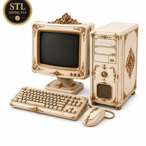 Puede incluir: Un conjunto de computadora de color crema que incluye monitor, torre, teclado y ratón, decorados con adornos dorados. El monitor tiene una pantalla negra y un sello dorado en la esquina superior izquierda muestra el texto STL DIGITAL FILE.