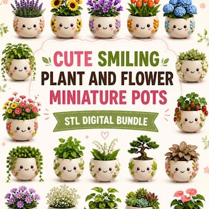 Pode incluir: Uma coleção de vinte pequenos vasos de cerâmica cor de creme com rostos sorridentes, cada um contendo uma planta ou flor diferente, dispostos em torno do texto CUTE SMILING PLANT AND FLOWER MINIATURE POTS STL DIGITAL BUNDLE.