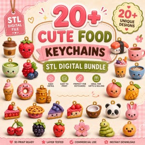 May include: A digital bundle of 20+ cute food keychain designs in STL format. The collection features various miniature food items including fruits, pastries, drinks, and animal-themed treats, each with a small loop for attachment as a keychain.