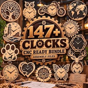 May include: A collection of wooden wall clocks in various shapes including a tree, owl, motorcycle, world map, lighthouse, paw print, heart, gear, butterfly, and deer, with a central sign reading 147+ CLOCKS CNC READY BUNDLE ASSEMBLY FILES.