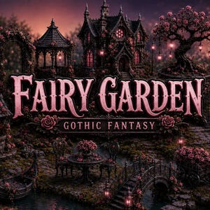 May include: A digital illustration featuring a dark garden scene with a stone mansion, a bridge, a small boat, and a table set, all adorned with pink roses and glowing lanterns. The text FAIRY GARDEN GOTHIC FANTASY is centred in large pink letters.