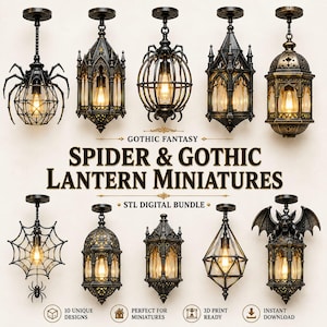 Könnte beinhalten: Eine Sammlung von zehn digitalen 3D-druckbaren Laternenmodellen mit Spinnen-, Gothic- und Fledermausmotiven. Der Text lautet GOTHIC FANTASY SPIDER & GOTHIC LANTERN MINIATURES STL DIGITAL BUNDLE, 10 UNIQUE DESIGNS, PERFECT FOR MINIATURES, 3D PRINT READY, INSTANT DOWNLOAD.