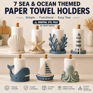 Könnte beinhalten: Sieben Papierrollenhalter im Meer- und Ozeandesign mit Motiven wie Muschel, Seestern, Koralle, Leuchtturm, Wal, Segelboot und Krake. Der Text lautet 7 SEA & OCEAN THEMED PAPER TOWEL HOLDERS, DIGITAL STL FILE.