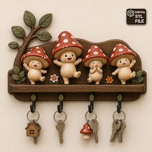 May include: A wall-mounted key holder featuring four anthropomorphic mushroom figures with red caps and white spots. The wooden-textured shelf includes a tree branch accent, four black metal hooks, and a digital STL file label in the corner.