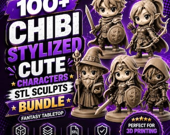 May include: A collection of five miniature chibi-style fantasy figures in a monochromatic brown tone. The text reads 100+ CHIBI STYLIZED CUTE CHARACTERS STL SCULPTS BUNDLE FANTASY TABLETOP. Icons indicate 3D print ready, high detail, STL files, and tested.