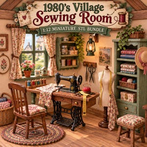 May include: A 1:12 scale miniature sewing room set featuring a vintage-style black sewing machine on a wooden table, a dress form with a yellow measuring tape, a green shelving unit with fabric stacks, a wooden chair, and a braided rug.