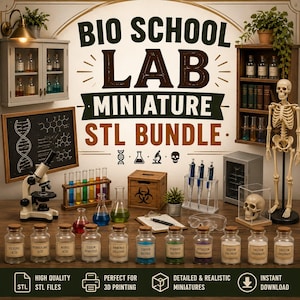 Może przedstawiać: Cyfrowa grafika przedstawiająca zestaw miniaturowych modeli laboratoryjnych STL, zawierająca mikroskop, probówki, model ludzkiego szkieletu, czaszkę, etykietowane butelki z odczynnikami, pojemnik biohazard oraz tablicę z diagramami.