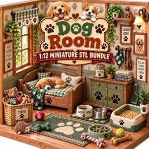 Puede incluir: Un conjunto de habitación para perros en miniatura a escala 1:12 con cama de madera, cesta de juguetes, armario, arenero y accesorios. El letrero dice Dog Room 1:12 MINIATURE STL BUNDLE con detalles de huellas de patas.