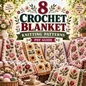May include: A digital PDF guide titled 8 Crochet Blanket Knitting Patterns featuring floral designs. The cover displays four crocheted blankets with rose, sunflower, daisy, and tulip motifs in cream, pink, yellow, and green yarn colors.