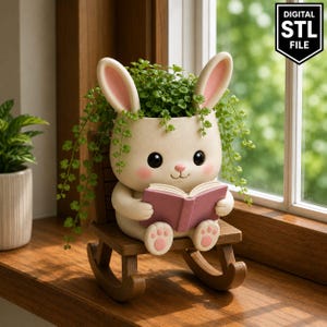 Pode incluir: Um vaso em forma de coelho cor de creme com orelhas e bochechas cor-de-rosa, segurando um livro cor-de-rosa aberto. O coelho está sentado numa pequena cadeira de baloiço de madeira castanha. Uma planta verde cresce da cabeça. Texto DIGITAL STL FILE.