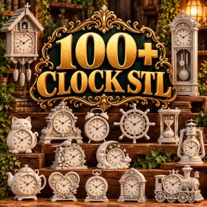 Puede incluir: Una colección de varios diseños de relojes en color blanco roto, incluyendo un reloj de cuco, un reloj de pie, un reloj con forma de gato, un reloj de timón, un reloj de arena, un farol, una tetera y un tren con el texto 100+ CLOCK STL.