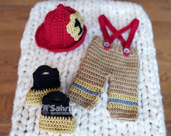 Instant Download PATTERN In English Newborn Crochet Fireman Set Outfit Firefighter Photo Prop Baby Shower