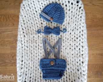 Instant Download PATTERN In English Newsboy Hat Bow Tie Diaper Cover Crochet Set Outfit Newborn Photo Prop Baby Shower